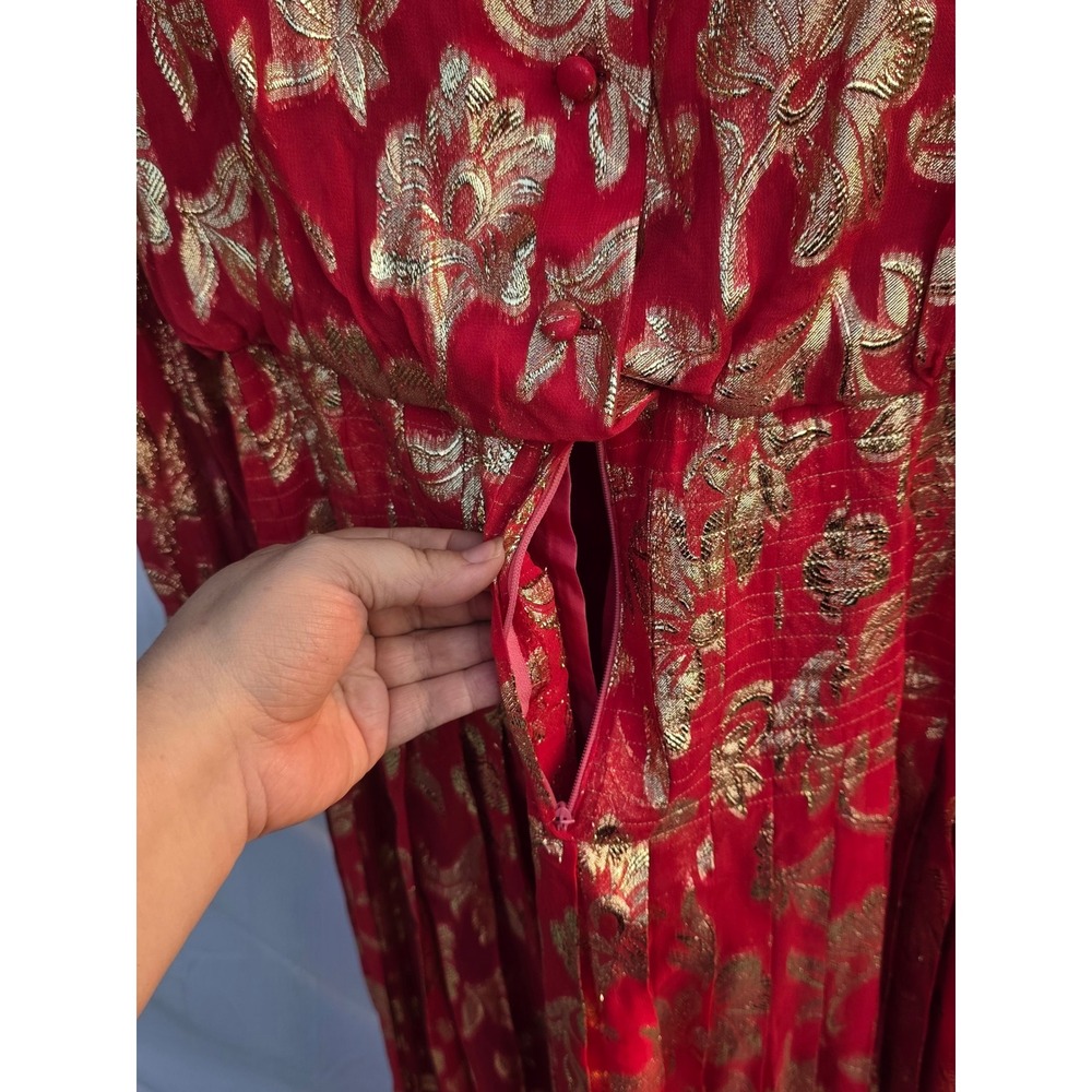 Vintage Raul Blanco Red Gold Metallic Floral Pleated Maxi Dress Evening Gown 12 - Picture 6 of 7